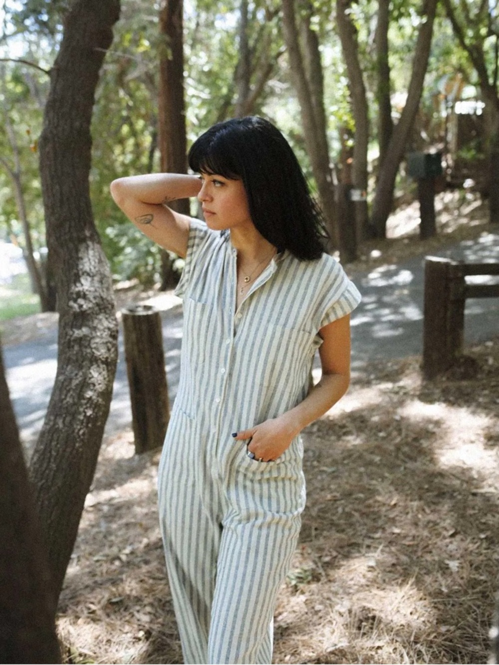 DÔEN Biarritz Seaside Stripe Silk Jumpsuit Blue White Button Front Pockets